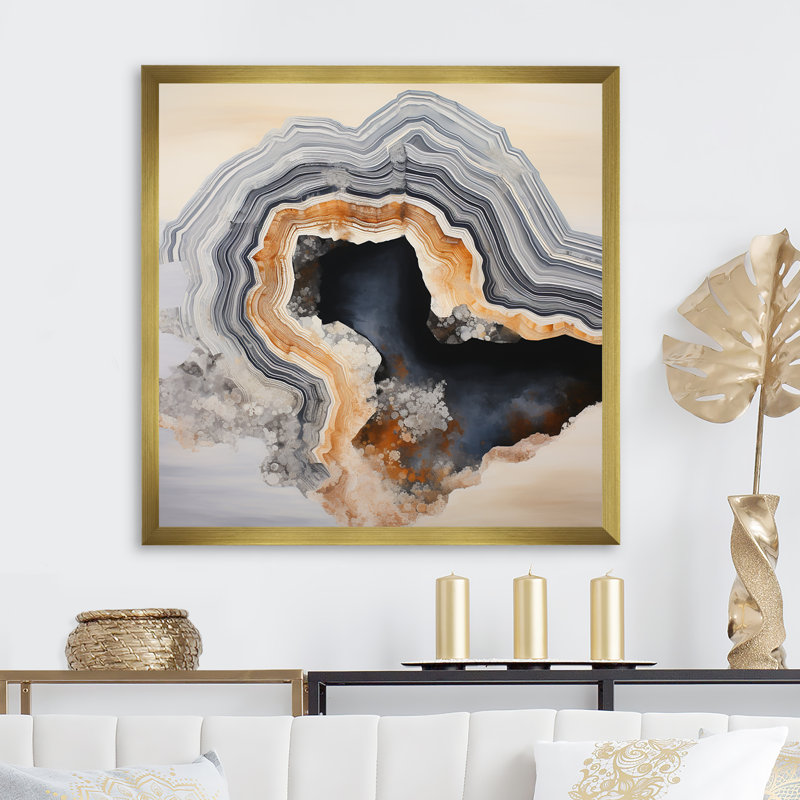 «Stone Geode Scenery Minimalisme I», reproduction sur toile, Cadre doré simple, H 16 po x l 16 po x P 1 po