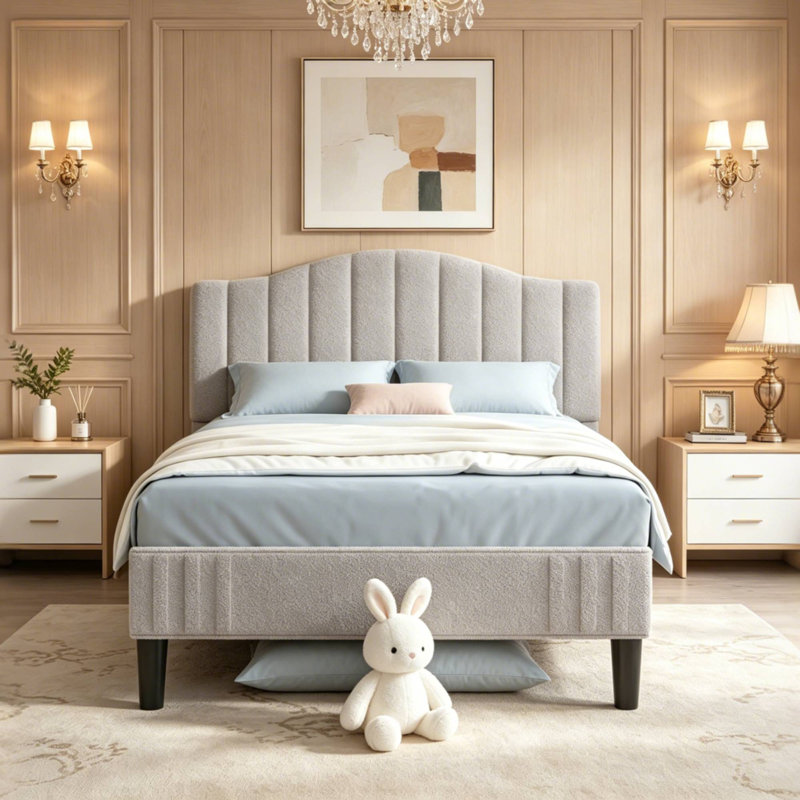Lit plateforme simple avec tête de lit ajustable en tissu Aldora, Gris