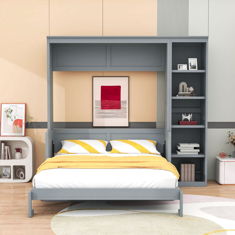 Lit escamotable avec cadre en bois Murphy, gris, Grand