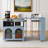 Rolling Kitchen Island With Extended Table, Kitchen Island On Wheels With Led Lights,power Outlets And 2 Fluted Glass Doors, Kitchen Island With A Storage Compartment And Side 3 Open Shelves, Grey-1504491551