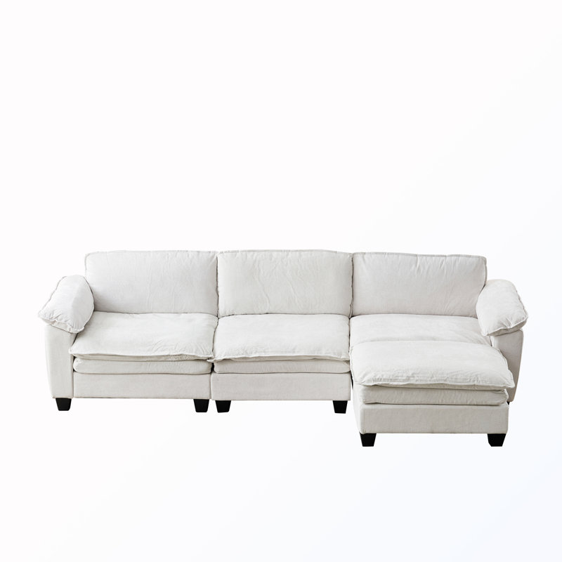 L-Shaped Sectional Sofa With Ottoman, Beige Chenille