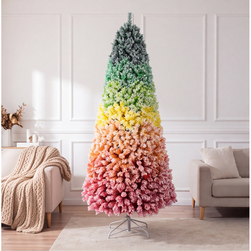 Arbre de Noël 7,5 pi à flocage dégradé arc-en-ciel, pin artificiel coloré avec 1927 pointes, branches articulées et support en métal robuste