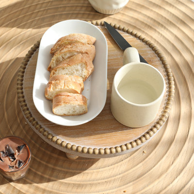 Présentoir rustique rond en bois à piédestal de style campagnard avec bord perlé pour décoration de présentoir à petits gâteaux avec finition en bois pour gâteaux et articles décoratifs 11,8 po