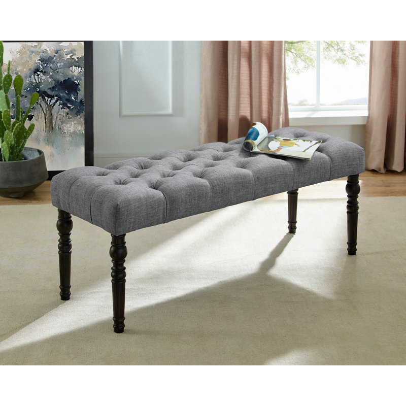Leviton Fabric Tufted Turned Leg  Dining Bench, Gray, Black
