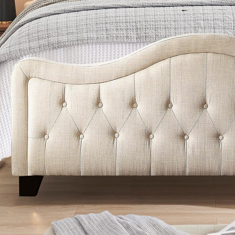 Tête de lit tapissier capitonnée à hauteur réglable avec pied de lit, Beige, Très grand lit