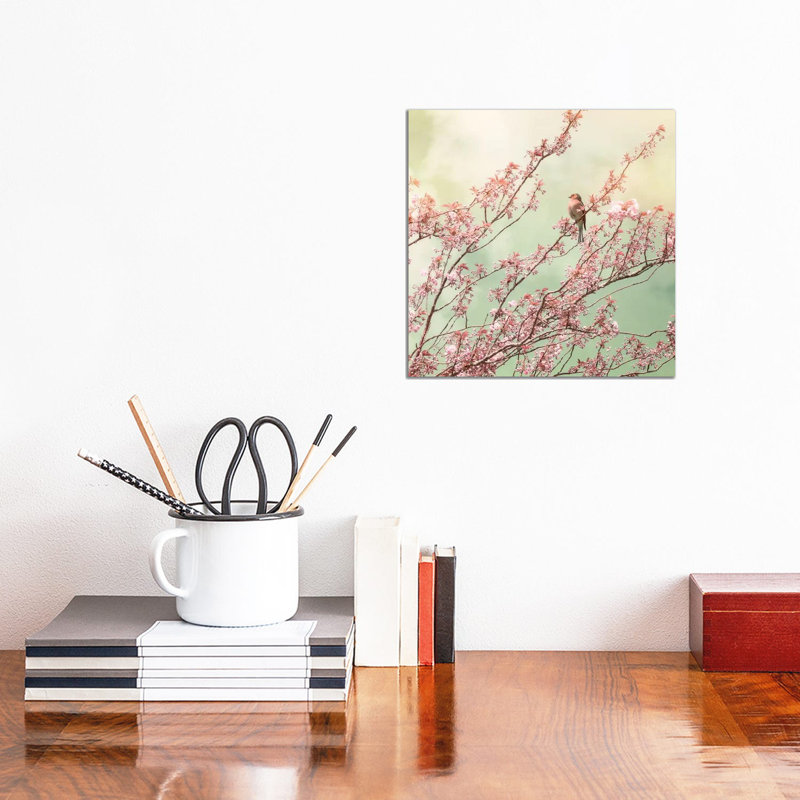 Bird With Cherry Blossom - Wrapped Canvas Print, 30.48 cm H x 30.48 cm W
