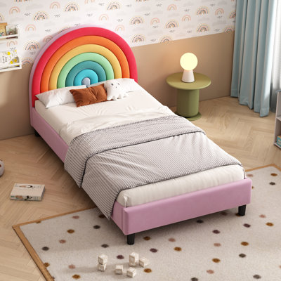 Twin Size Upholstered Bed Cute Rainbow Style