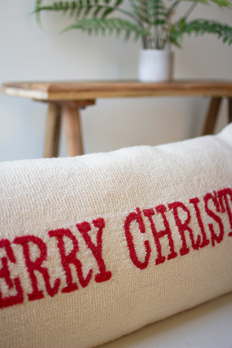 Hand-Hooked Merry Christmas Throw Pillow