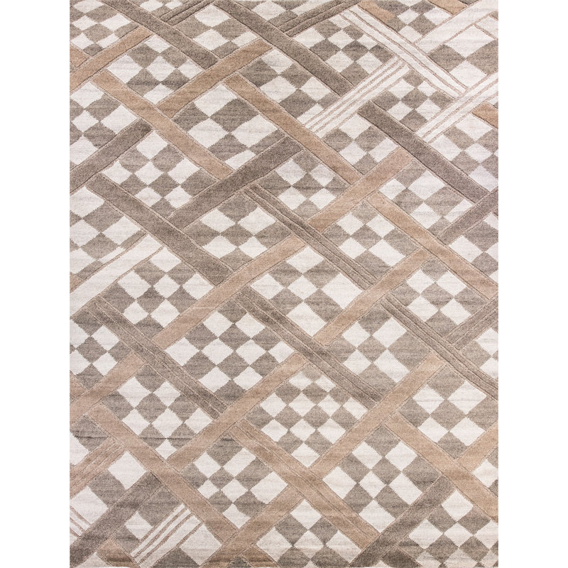 Hand Knotted Geometric Area Rug in Birch/Ivory, Rectangle 8' x 10'