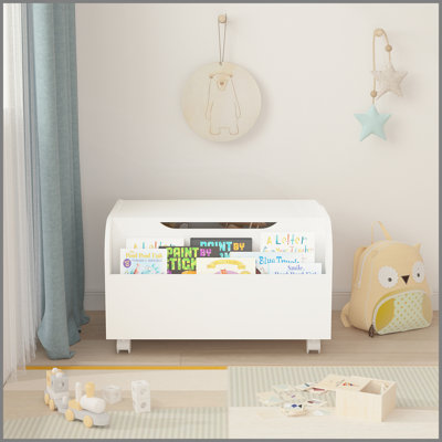 Coffre à jouets en bois avec 4 roues universelles, organisateur de rangement pour jouets pour enfants avec bibliothèque avant, couvercle rabattable, charnière de sécurité, banc de coffre pour les garçons et les filles (blanc)