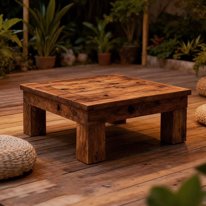 Table basse carrée en bois massif rétro brun-noisette, H 15,75 po x L 35,43 po x l 35,43 po