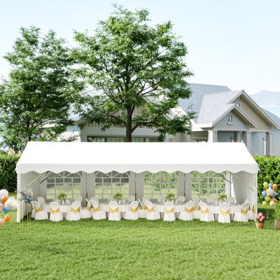Tente de réception robuste Outsunny 4 x 8 m (13 x 26 pi) avec parois latérales amovibles, blanche, idéale pour les mariages et autres événements.