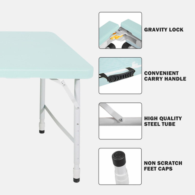 Table pliante portative bleue de 120 cm (4 pieds) pour l'intérieur et l'extérieur, poids maximal 135 kg, idéale pour le camping.