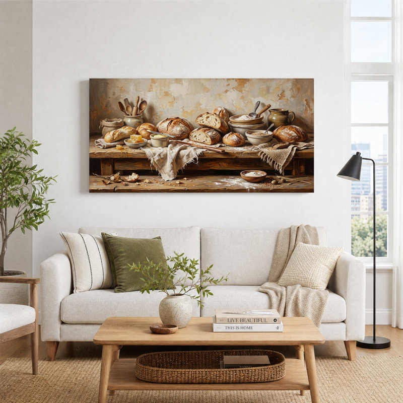 Toile rustique, pains et bols de farine sur une table en bois, art mural, L 40 po x H 20 po