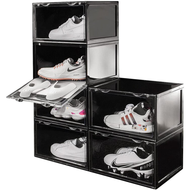 LETUSTO Hard Premium Plastic Shoe Box (6 Pack), Stackable Large Premium Shoe Sneaker Organizer Containers with Lids, Bonus 6 Hygiene Pads & Shoe