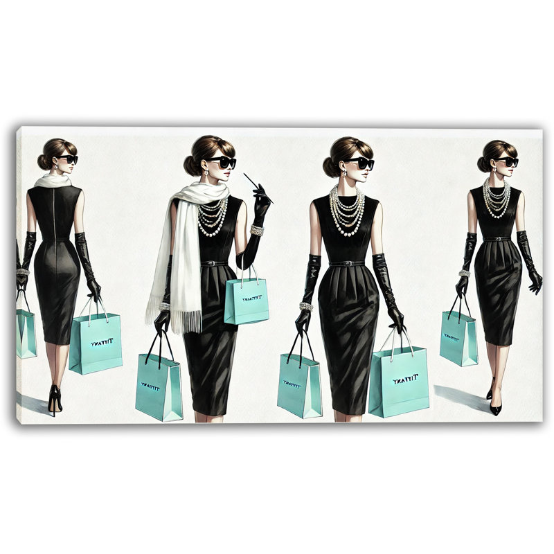 «Iconic Stroll: Tiffany-Inspired Chic Fashion», art mural sur toile, H 24 po x l 42 po