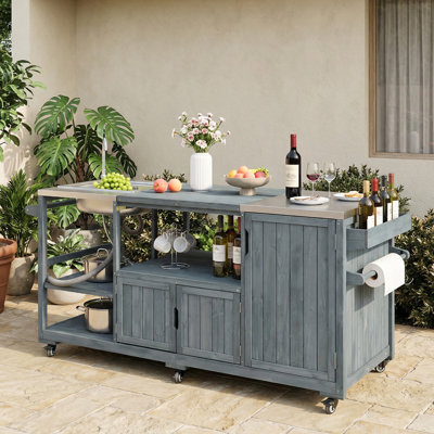 75.4" Outdoor Kitchen Island with Stainless Steel Sink, Solid Wood Rolling Grill Bar Cart for XL Green Egg & Pizza Prep BBQ by Latitude Run