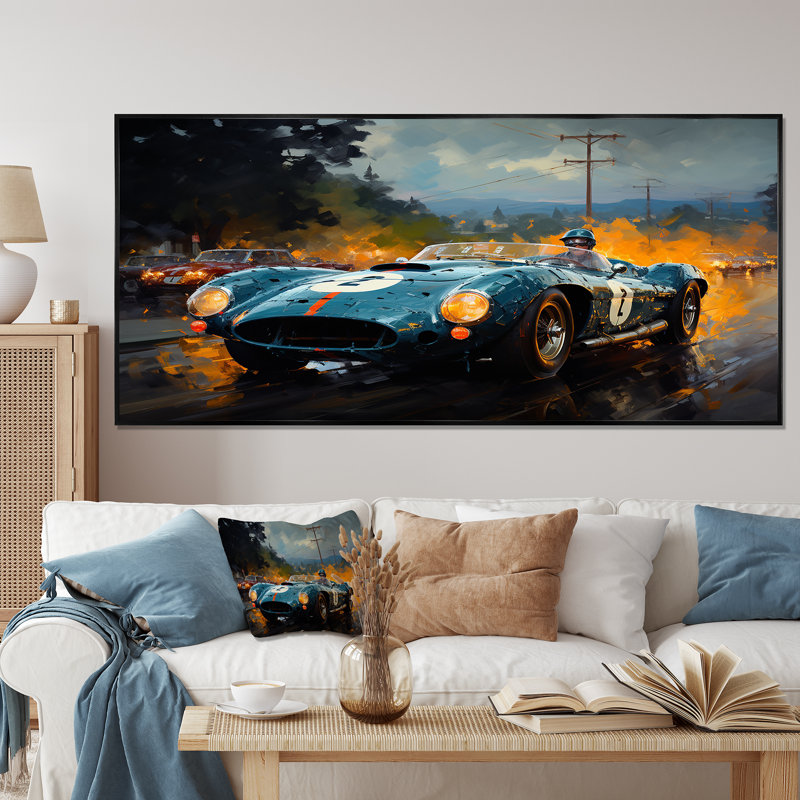 Jaune et noir, Grand Prix, voiture de course II - art mural, Cadre flottant noir, H 28 po x l 60 po x P 1,5 po