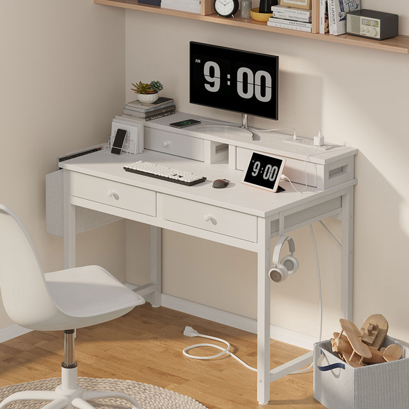 Ebern Designs Small Computer Desk With Drawers & Monitor Stand Charging ...