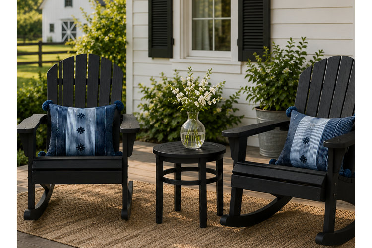 a pair of black rocking Adirondack chairs with blue throw pillows and an outdoor end table on a farmhouse porch with a jute area rug
