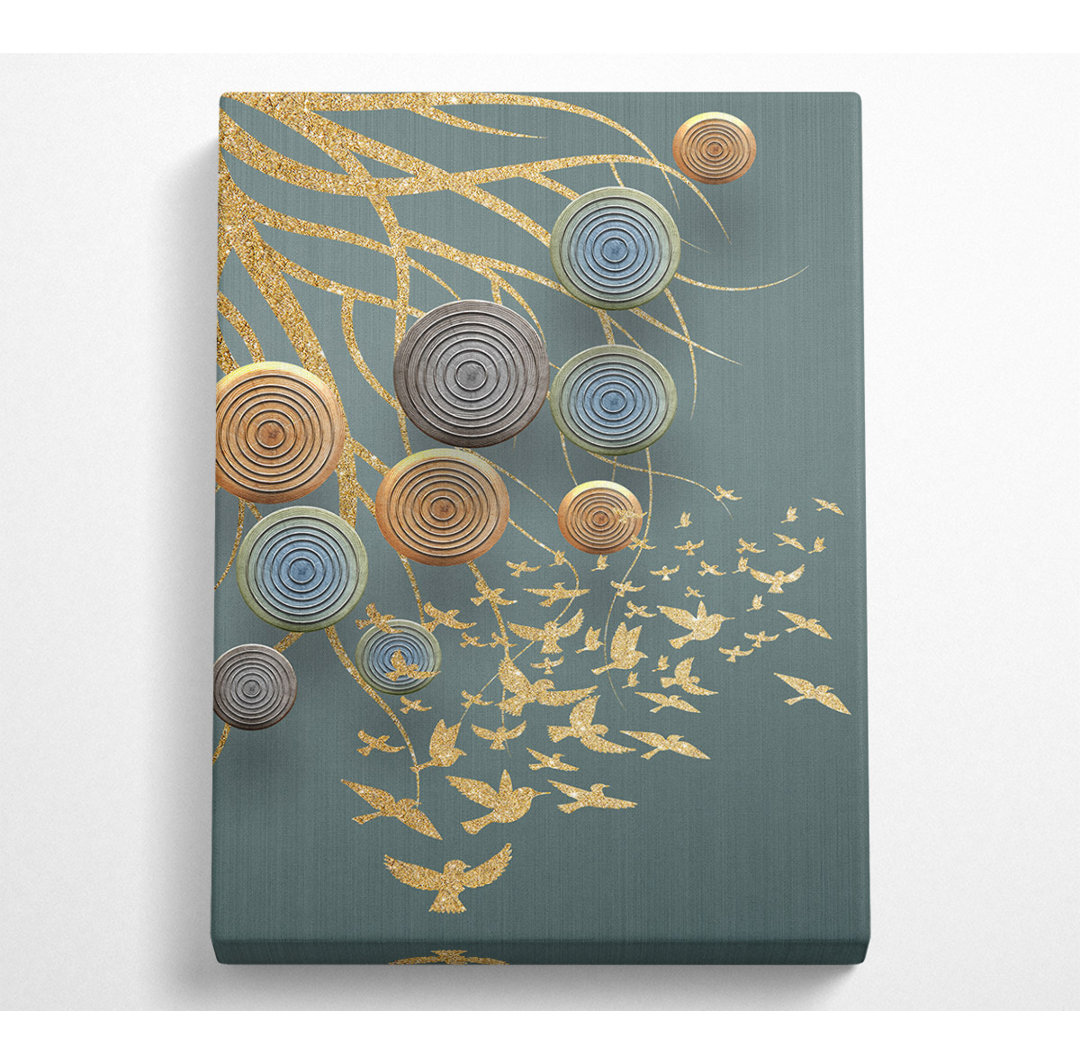 Gold Flying Birds With Circles - No Frame Kunstdrucke auf Leinwand