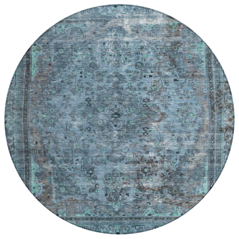 Machine Washable Indoor/Outdoor Claudian ACN1646 Blue Rug, Round 8'