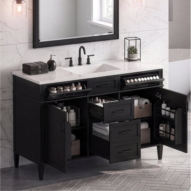 Meuble-lavabo autoportant de 48 pouces avec comptoir en composite, 4 tiroirs, 2 portes et tablettes réglables, noir