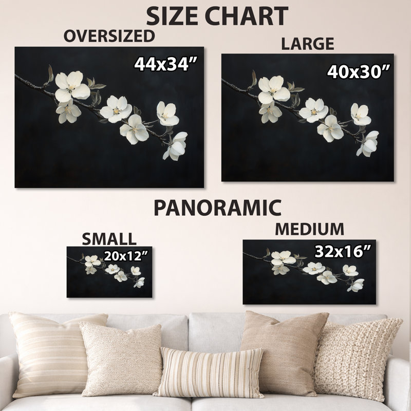 Branche de pétales au clair de lune - Impression d'art mural en métal représentant des fleurs de pommier, H 24 po x l 32 po