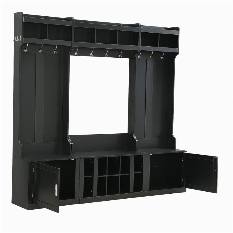 Arbre d'entrée large avec rangement et banc, banc d'entrée multifonctionnel 4-en-1 avec portemanteau et casiers à chaussures, mobilier pratique pour le couloir