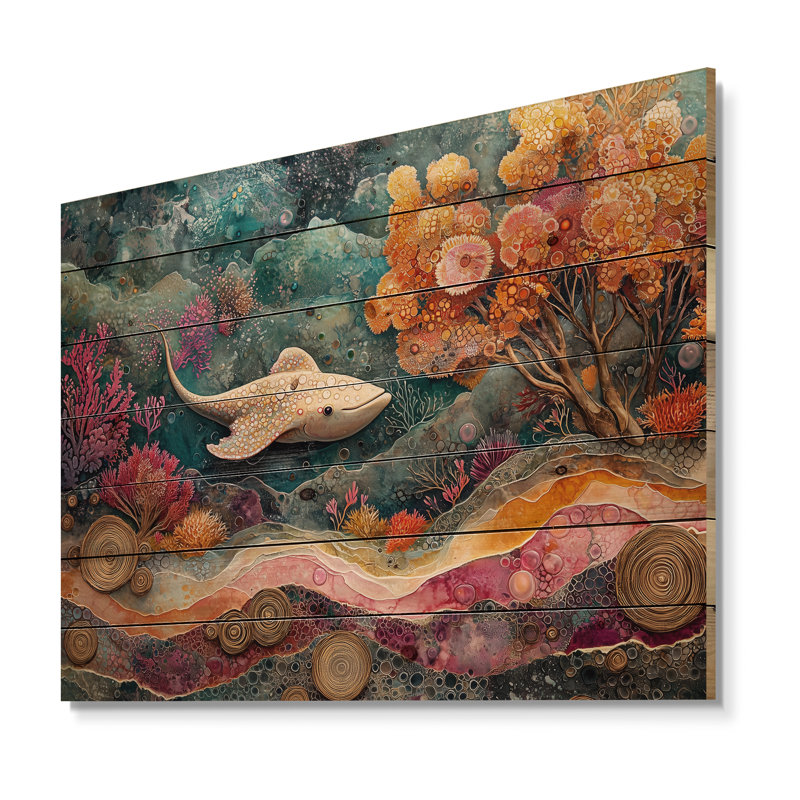 Stingray abstrait dans un aquarium, collages colorés II - art mural en bois Stingray - sur bois de pin naturel