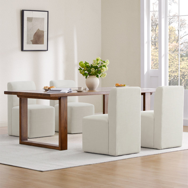 Bralan Polyester Blend Upholstered Back Dining Chair with Casters (Set of 4), Linen