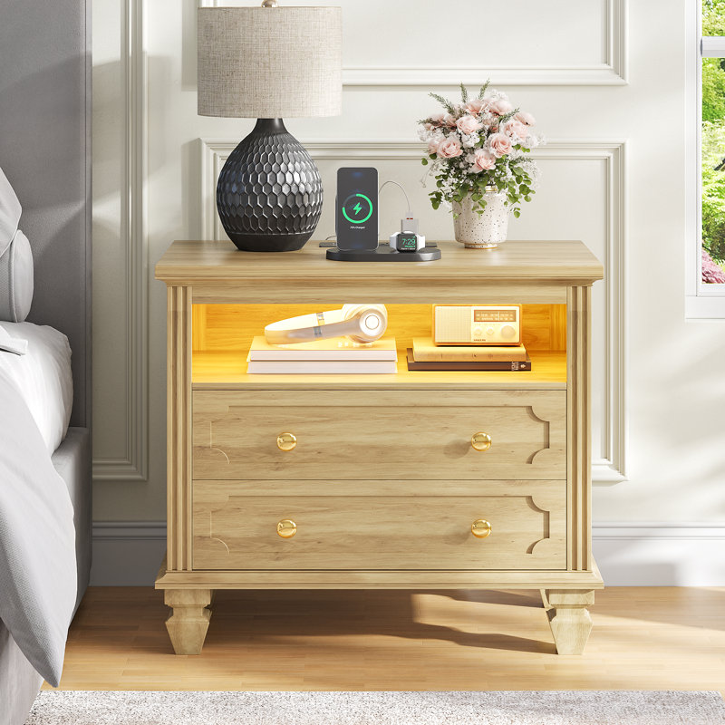 Solid Wood Legs Bedside Table With 2 - Drawer, Charging Station and Motion Sensor Led Light, Oak
