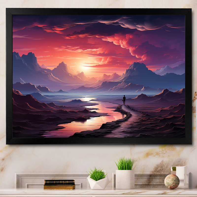 «Mauve et rose», homme perdu dans le désert III - Art mural paysages spatiaux, H 24 po x l 32 po x P 1 po