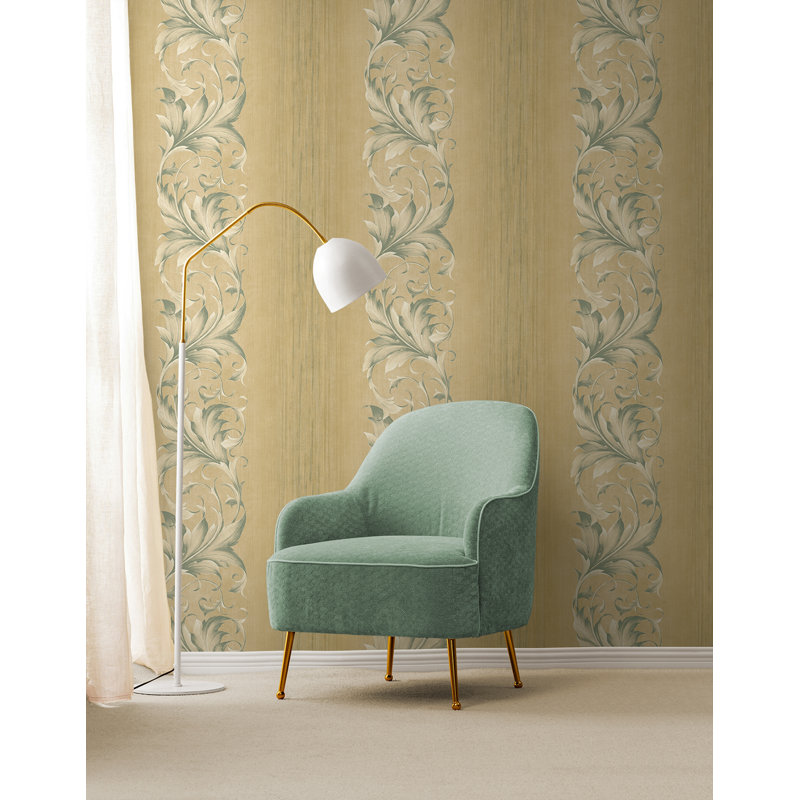 Papier peint rayé Seabrook Designs Brigid Acanthus, Kaki / bleu-vert