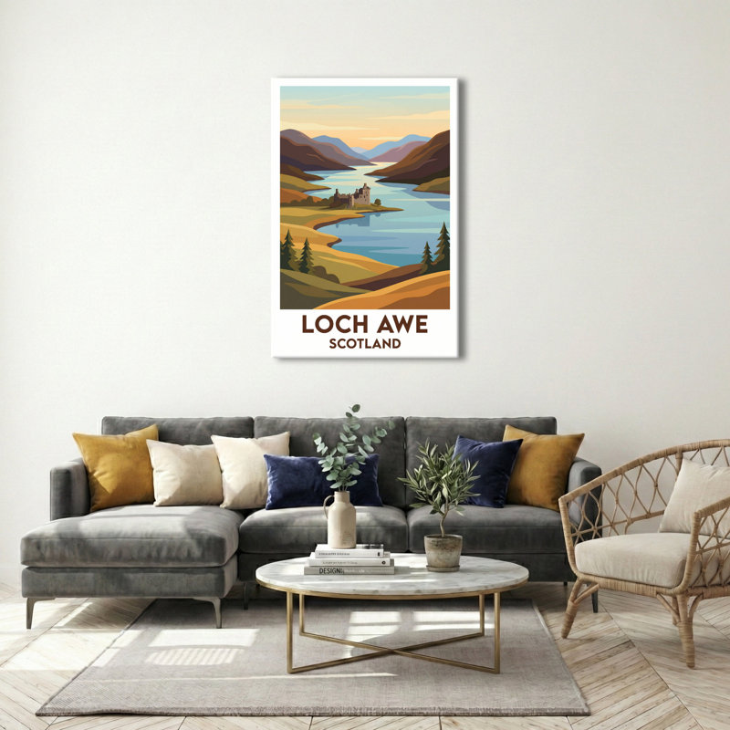 Loch Awe, Scotland - Highland Romance Travel Poster featuring Kilchurn Castle and Serene Loch. Giclee Print on Wrapped Canvas. Wall Art, Home Decor - Natural Landmarks, Scotland 1 Piece Wrapped Canvas Wall Art