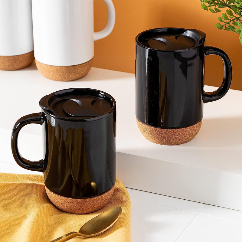 4 Piece 16.5 Ounce Stoneware Travel Mug Set with Lid and Cork Base