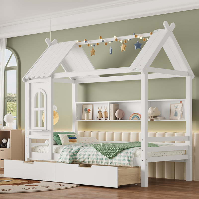 Twin House Beds With Storage Drawers And Window, Solid Wood House Platform Bed Frame With Shelves, For Kids, Girls, Boys, No Spring Box Needed And Childlike Design, White