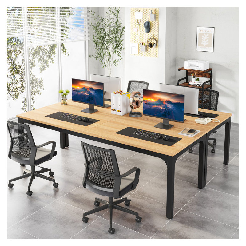 200cm W Metal Base Computer Desk, Natural, Black