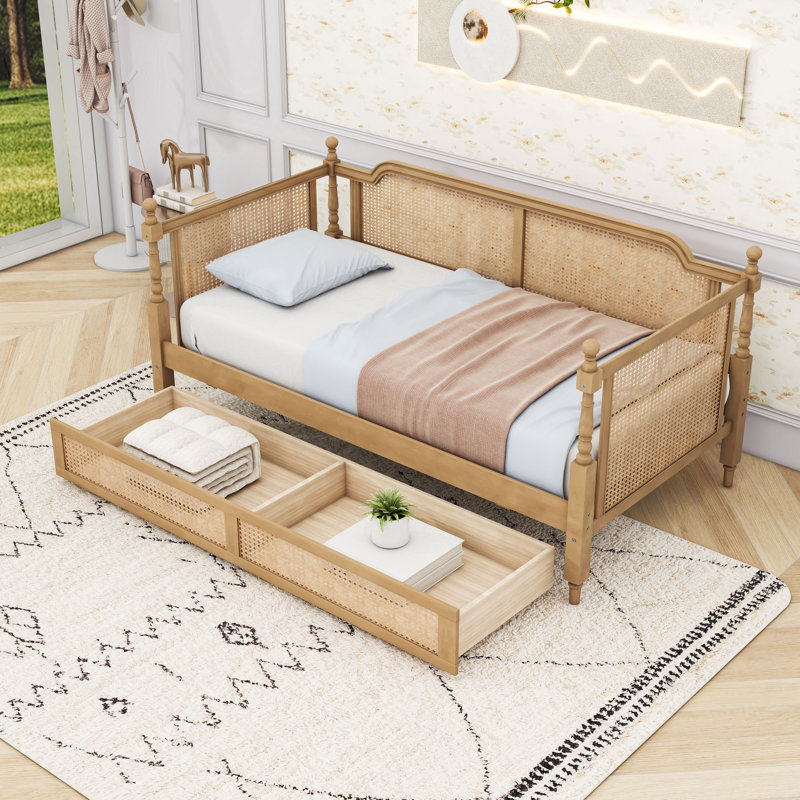 Lit plateforme en bois avec grand tiroir de rangement, Lit simple, Noyer antique