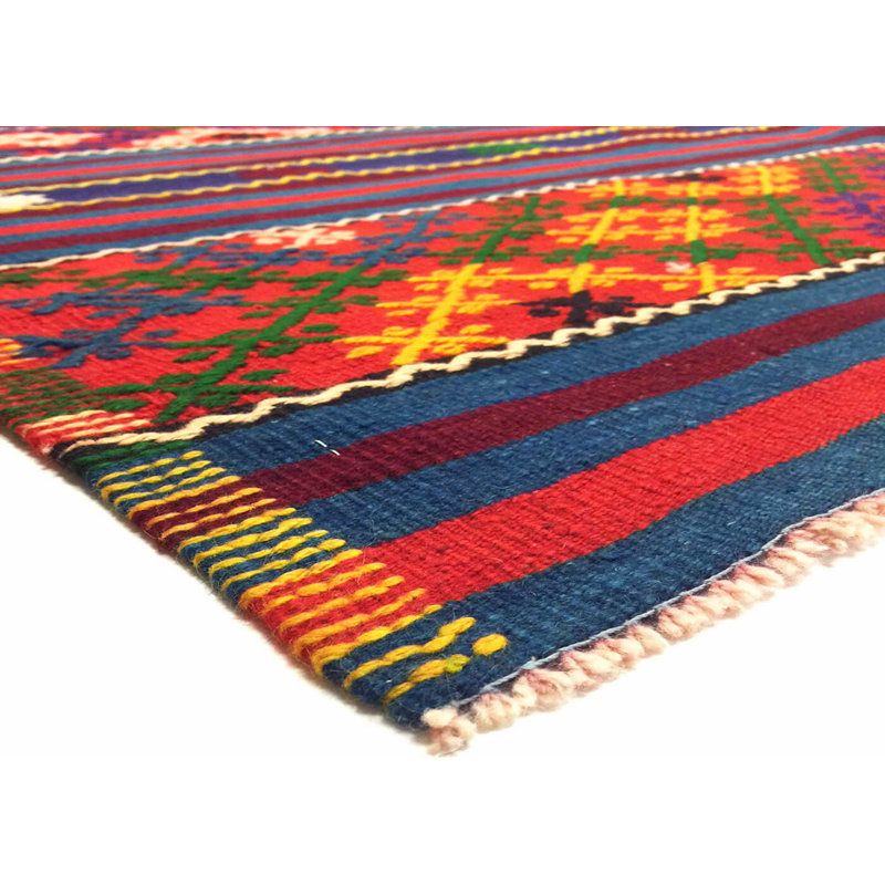 Tapis unique en laine noué à la main de style années 1960 de 6 pi 1 po x 7 pi 11 po rouge / bleu marine / vert