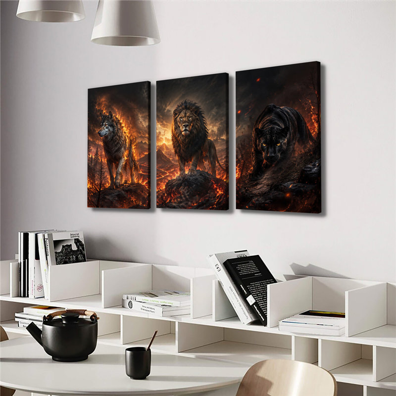 Loup, lion noir, panthère noire, 3 pièces, art animalier sur toile foncé, H 12 po x l 24 po x P 1 po