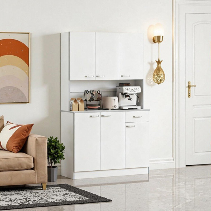 Buffet de cuisine autoportant moderne avec desserte et rangement, Blanc