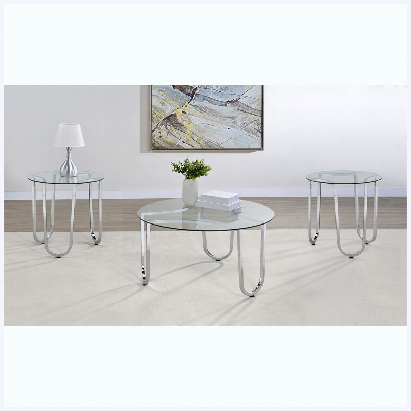 Ensemble de 3 tables basses modernes, centre de salon complet et ensemble de tables d'appoint Modern, Transparent / Chrome