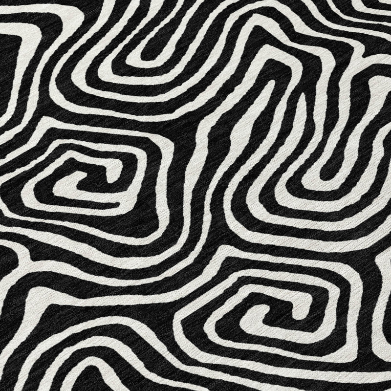 Black and White Flat Woven Synthetic Rectangular Rug