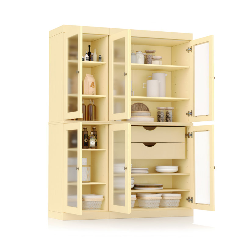 100% Solid Wood 48.5" Pantry Cabinet with Frosted Glass Doors, 2-Drawers and Adjustable Shelves, Yellow
