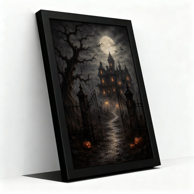 Art mural sur toile, "Haunted Mansion" avec pleine lune et citrouilles