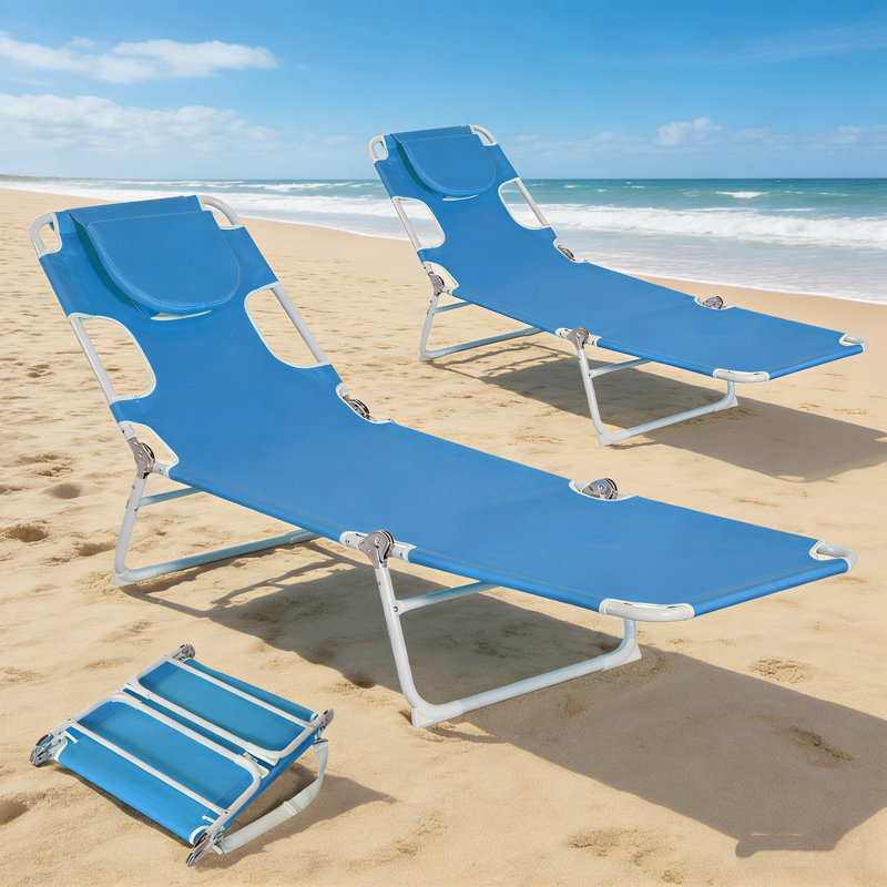 Beach Portable Lay Flat Folding Backpack Beach Lounge Chair With Backpack Straps And Storage Pouch  Set Of 2, Blue