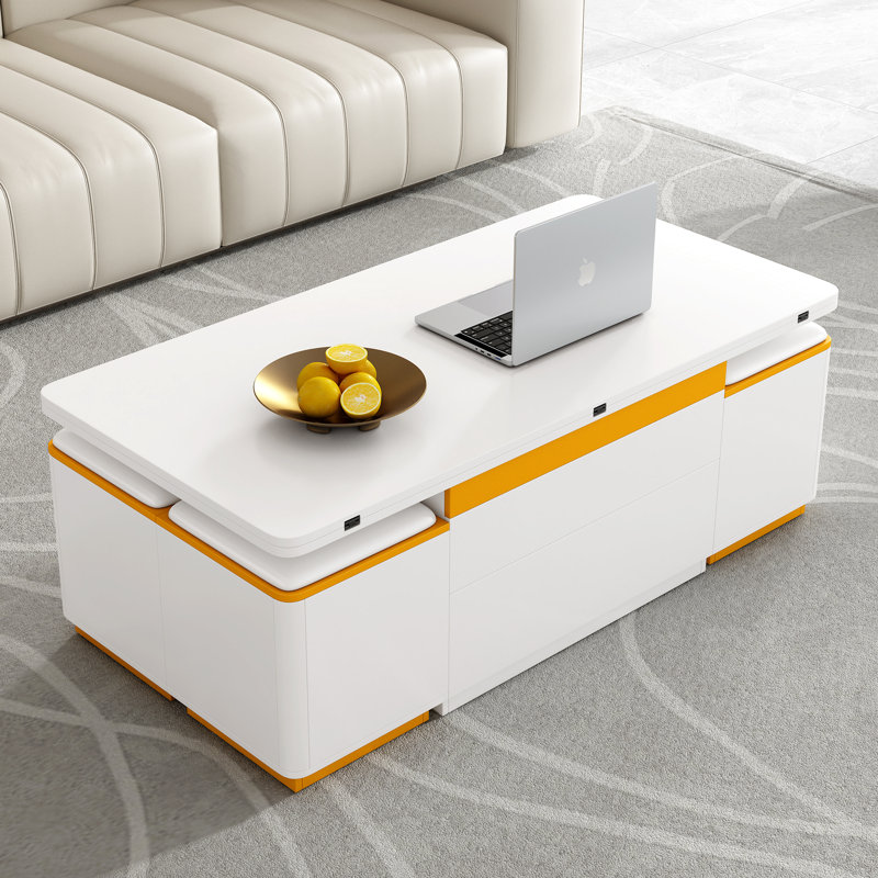  Table basse à plateau relevable avec 4 tabourets de rangement, plateau pliable et compartiments cachés, conception peu encombrante, blanc