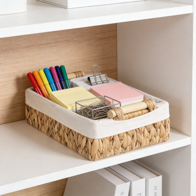 Handwoven Paper Rope Storage Baskets With Wood Handles And Liner, Set Of 2 Decorative Organizer Bins For Bathroom Vanity, Shelf, And Home Storage