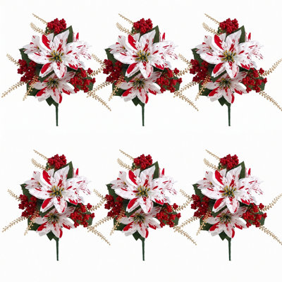 Paquet de 6 bouquets de poinsettias artificiels rouges et blancs de 12,6 pouces, fausses bouquets de fleurs de Noël avec baies et branches dorées pour la décoration des Fêtes